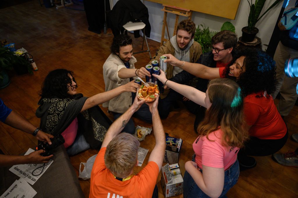 Members of the Amazon Labor Union gather at a watchdog event as the votes are counted, in Brooklyn, New York, March 31, 2022.