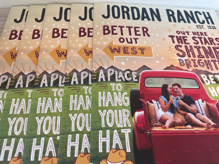 A pamphlet advertising Jordan Ranch says: "Better Out West" and "place to hang hat"