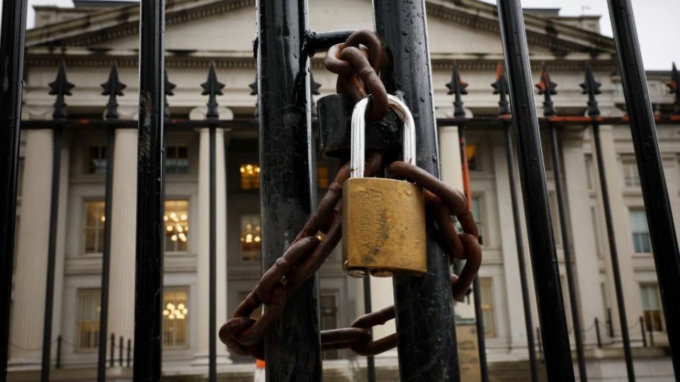 A lock seen on a gate outside of the U.S. Department of Treasury Building following the bailout of Silicon Valley Bank in 2023. 