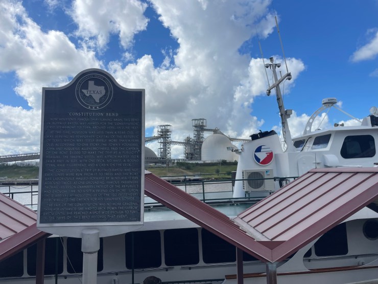 A historical marker near the Sam Houston tour boat.