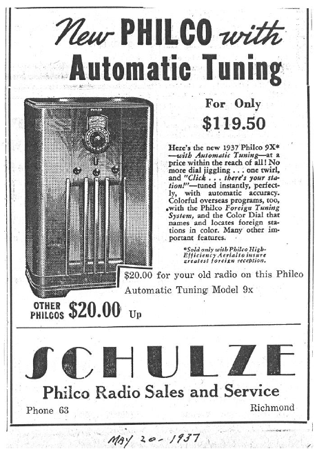 A newspaper advertisement for the sale and service of Schzule radios from 1937