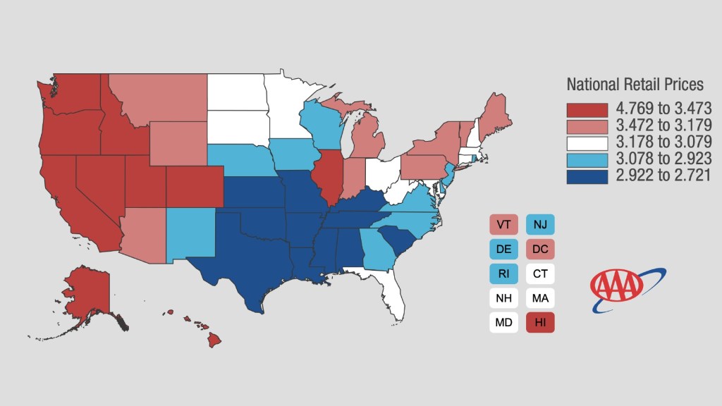 A map of the United States shows the average cost of gasoline in each state. 