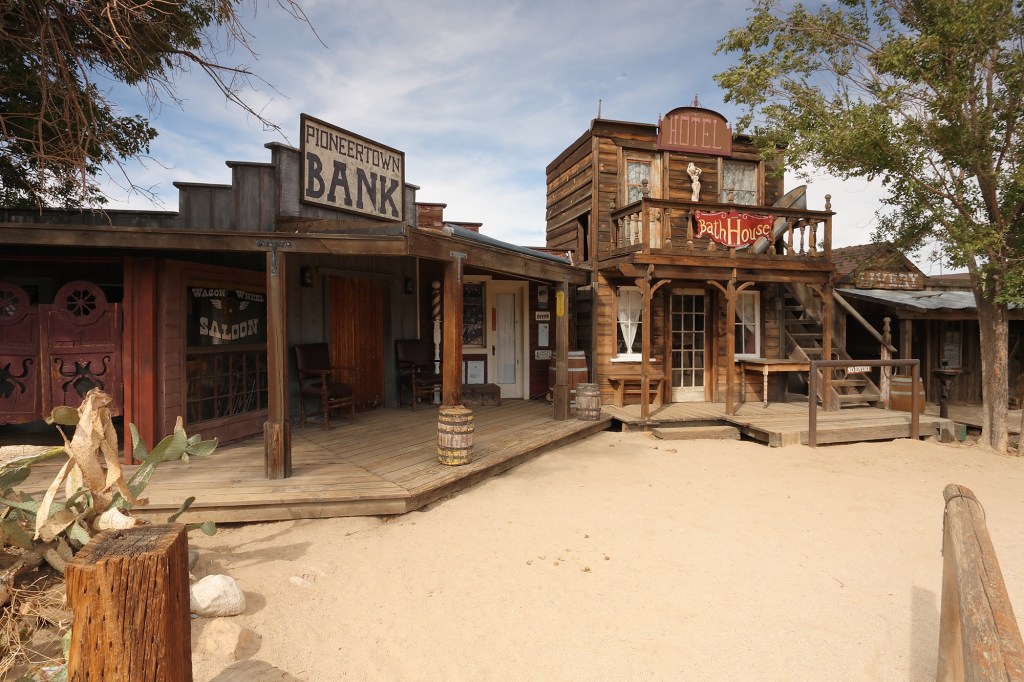 Saloon, bank, bathhouse and livery stable facades on Mane Street in Pioneertown, California,